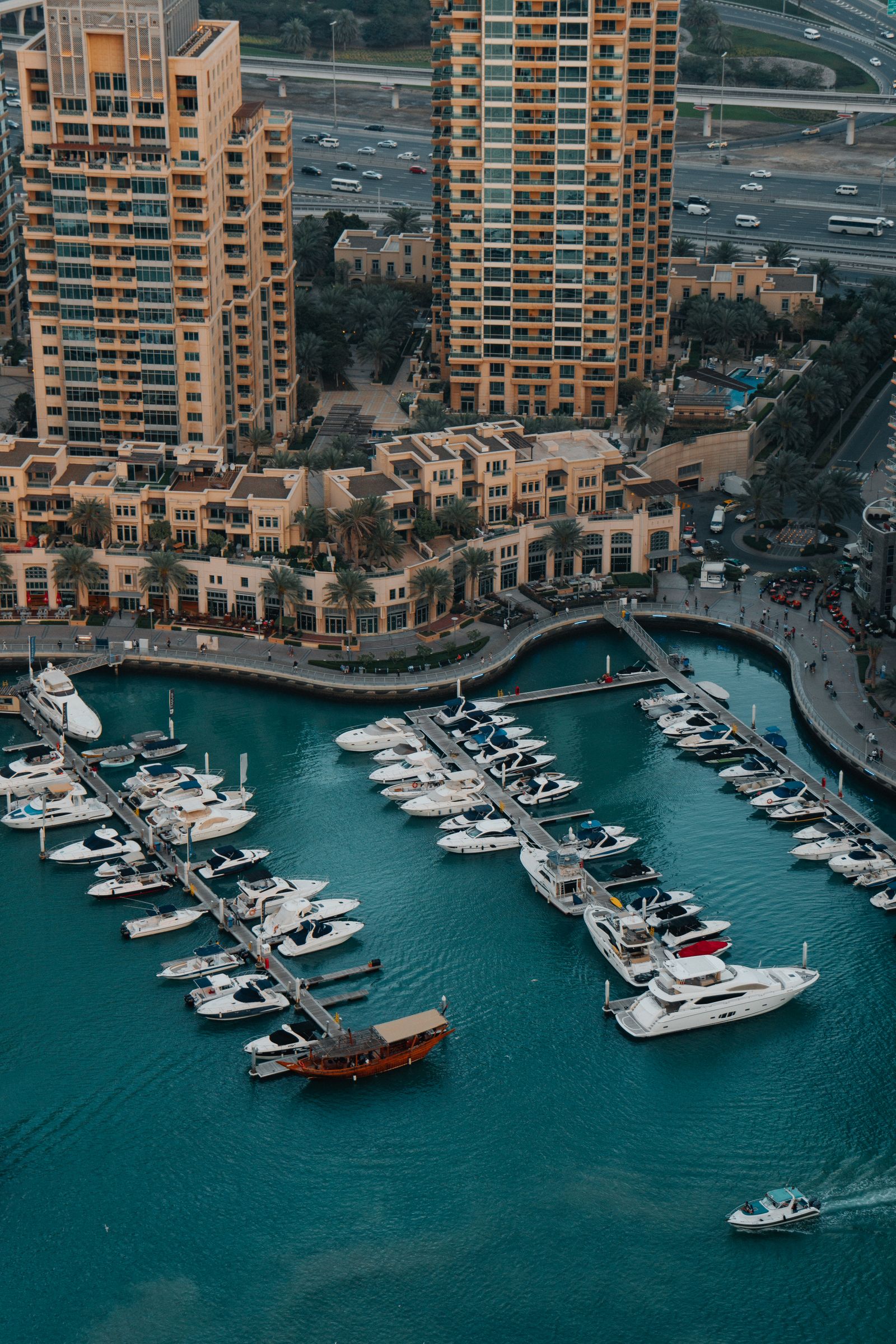 Moored vessels, aerial view at dusk